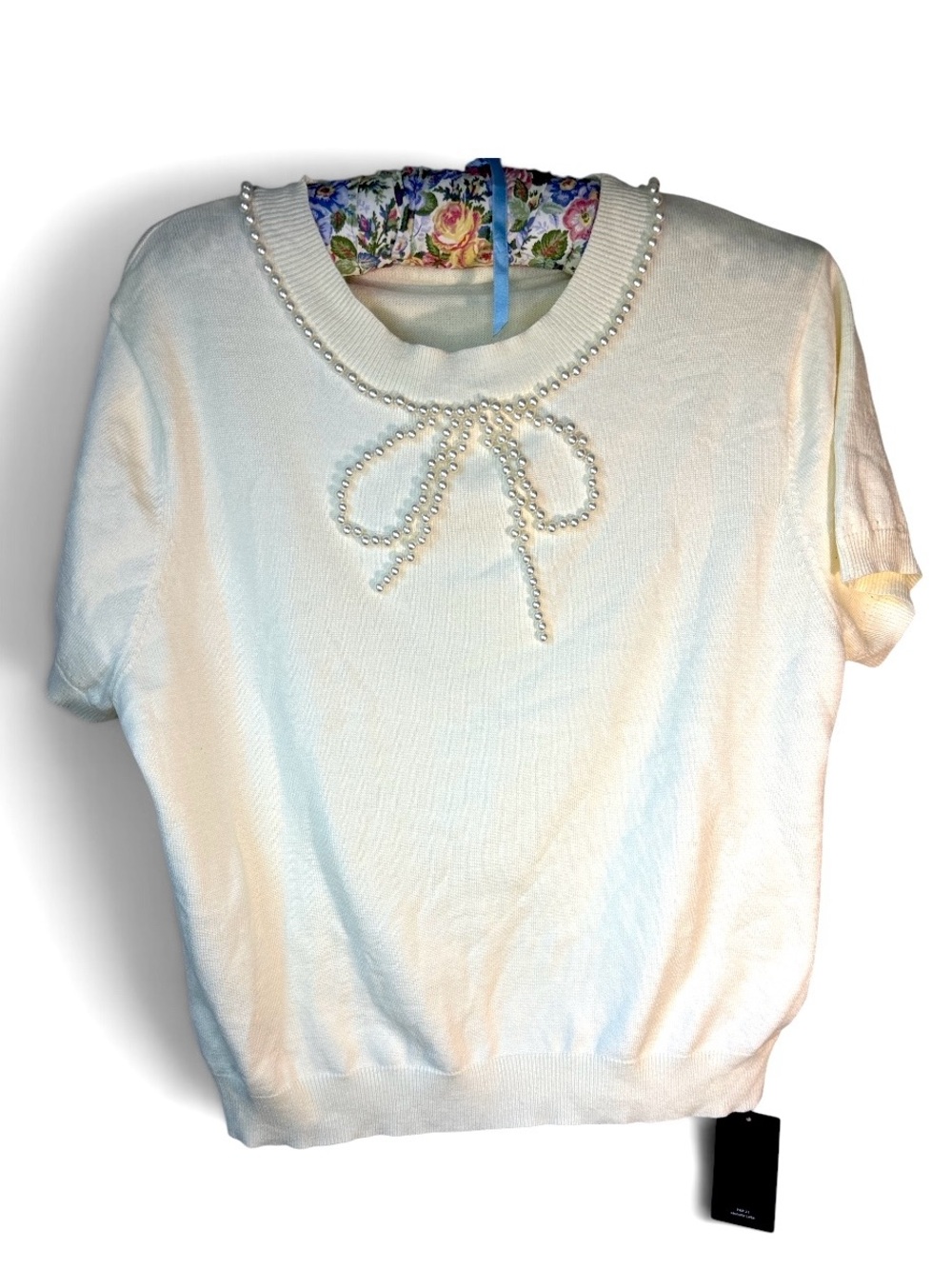 SHEIN White Pearl Bow Sweater Sz 22 4X Short Sleeve Coquette Dainty Stretchy